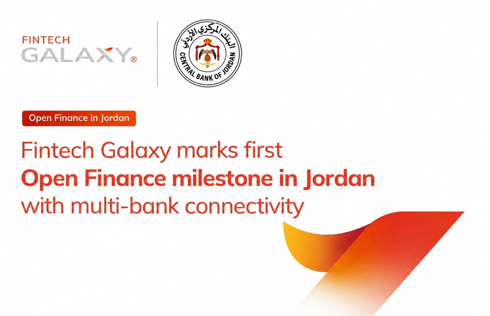 Fintech Galaxy and Central Bank of Jordan logos announcing a multi bank Open Finance connectivity milestone in Jordan